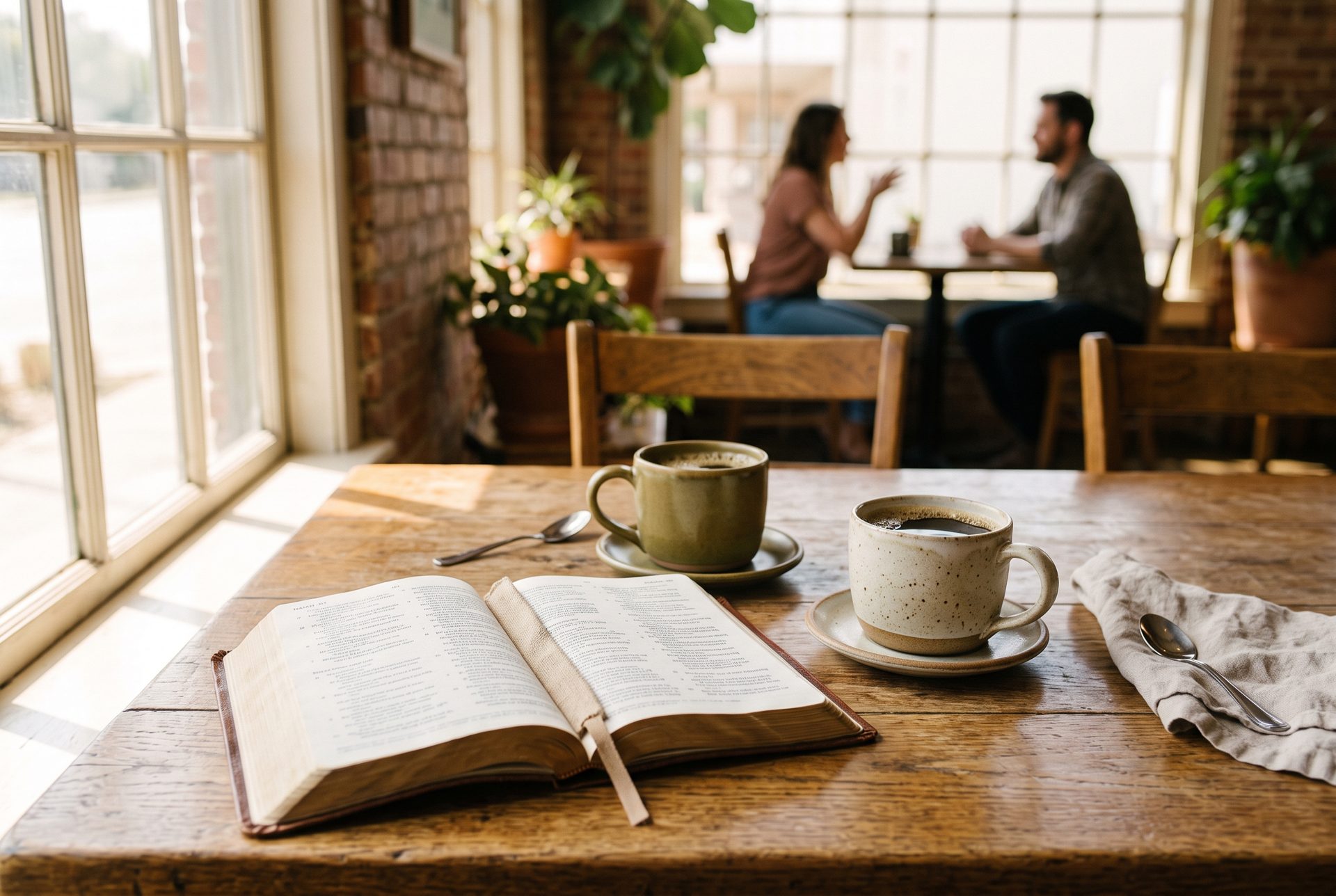 Two people in warm conversation over coffee, an open Bible on the table